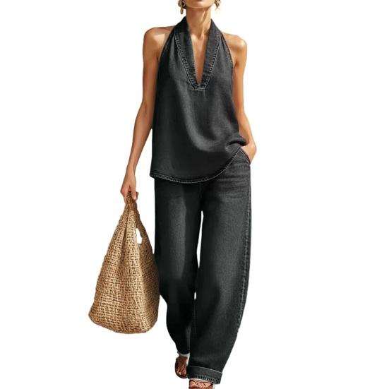 Halter Denim Set for Women Sleeveless Tank Top And Wide Leg Pants Lounge Sets Summer Casual Two Piece Outfits with Pockets