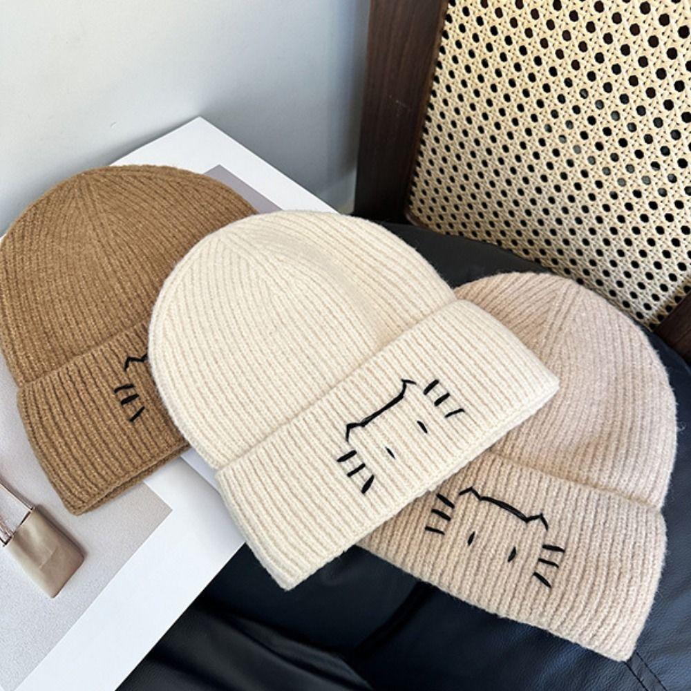 Embroidered Kitten Knit Beanies Warm Printing Knit Cap Cute Cat Knitted Hat  Apparel Accessories