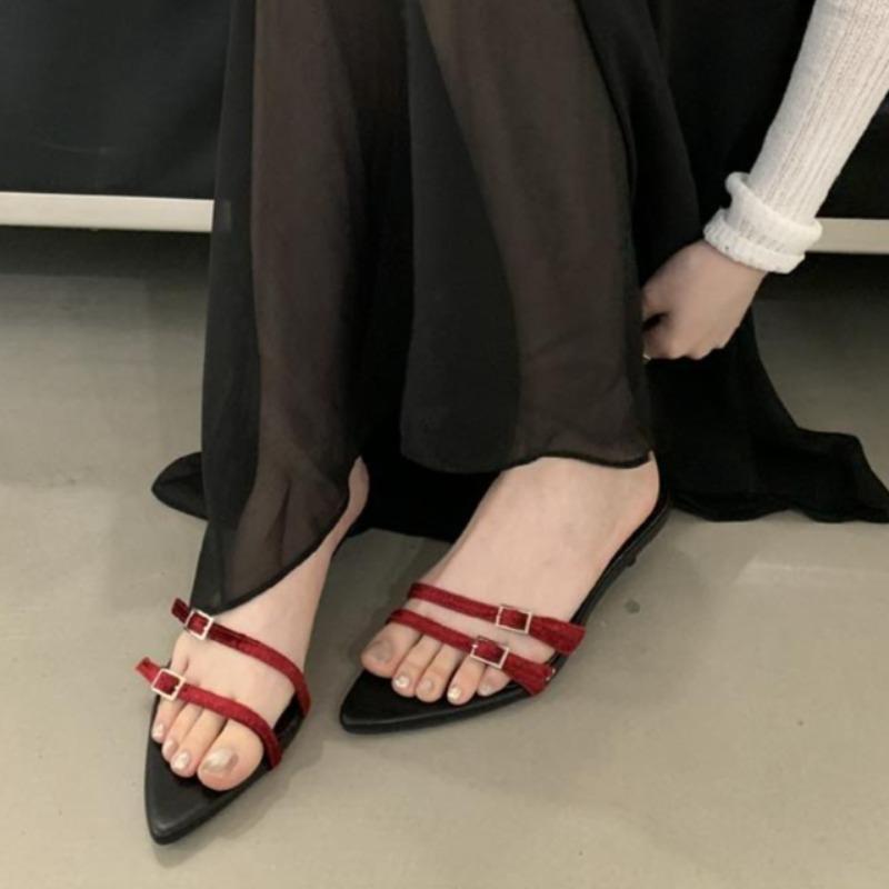 Slim Heel One Strap Sandals Women's Fashion Pointed Toe Open Toe Metal Buckle Slim Slip Kitten Heel Shoes