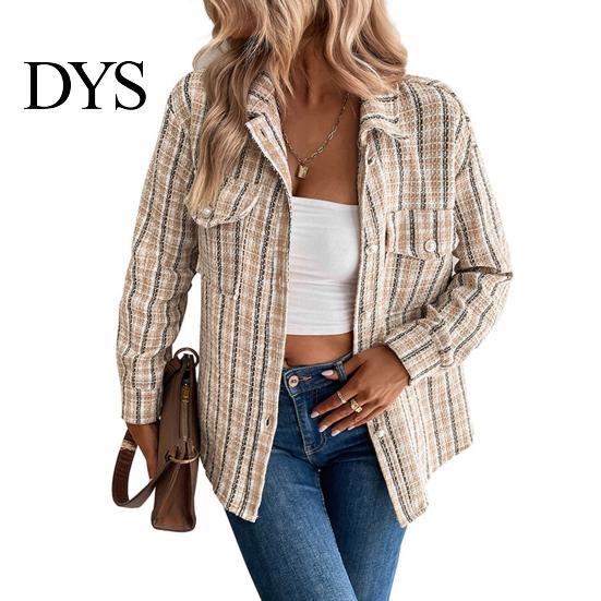 Women Jacket with Pockets Fall Spring Retro Plaid Print Turn-down Collar Single-breasted Striped Cardigan Chest Long Sleeves Loose Commuting