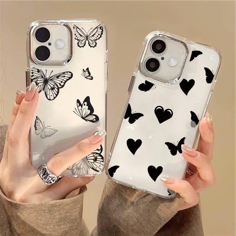 

Черный чехол для телефона TPU с рисунком бабочки и сердечками для iPhone 16 Pro Max 15 Pro 14 Plus 13 12 Pro Max 11 с покрытием рамки объектива, тонкий противоударный чехол iPhone 16