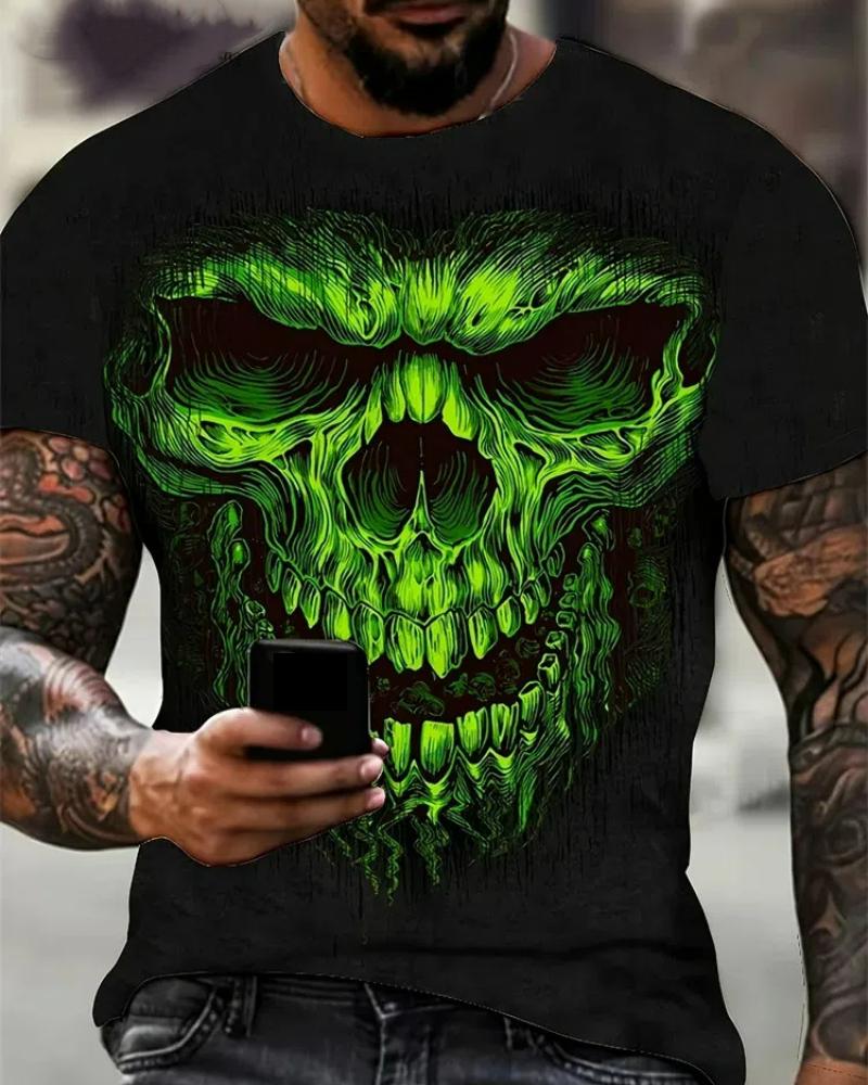 

Мужская футболка с принтом ужасного черепа, 3D-принт, винтажный O-образный вырез, короткий рукав, модные футболки больших размеров, мужская летняя уличная одежда 6XL