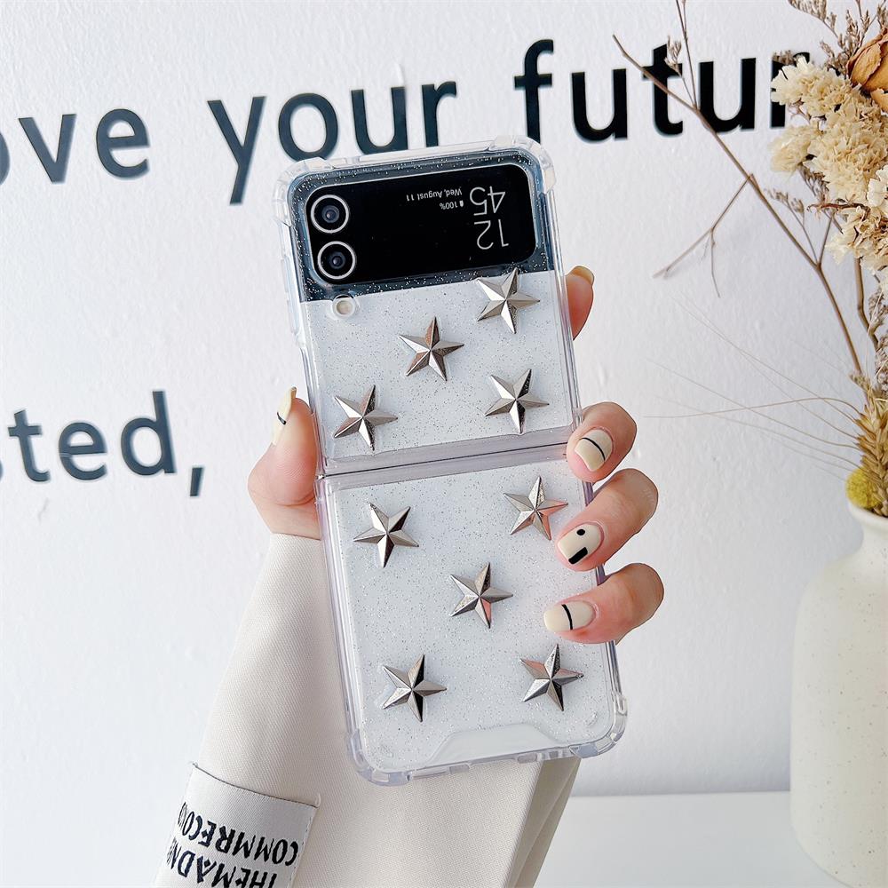 Für Samsung Galaxy Z Flip 4 3 Hülle 3D Pentagramm Runde Nagel Faltbare Transparente Stoßfeste Harte Rückseite Für Zflip4 Flip3 Hülle