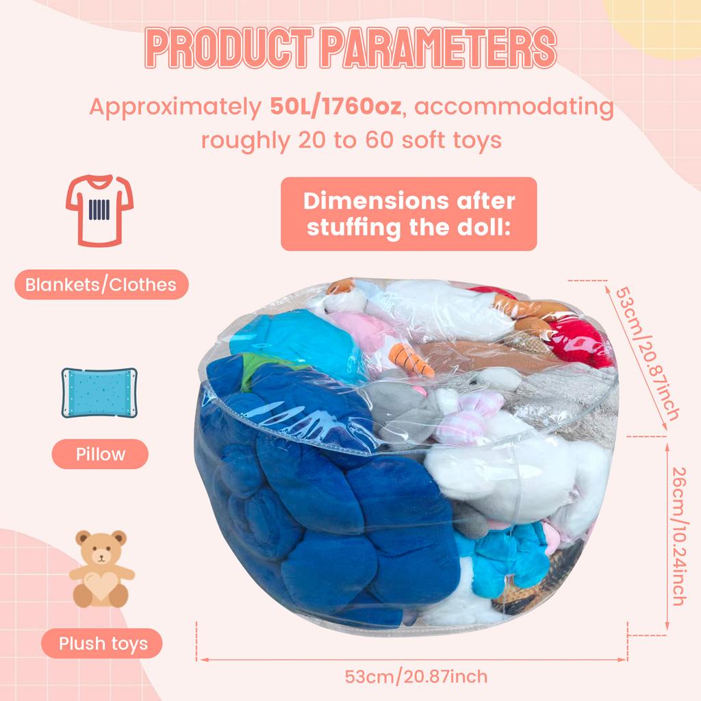 Clear Stuffed Animal Chair Cover PVC Waterproof Plush Toy Seat Cover with Zipper Large Capacity Clothes Doll Storage Organizer