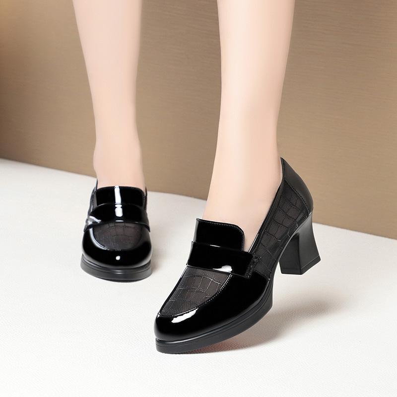 British Style Summer Single Shoes High Heels Waterproof Platform Thick Heel Loafers Mesh Breathable Middle-Aged Leather Shoes