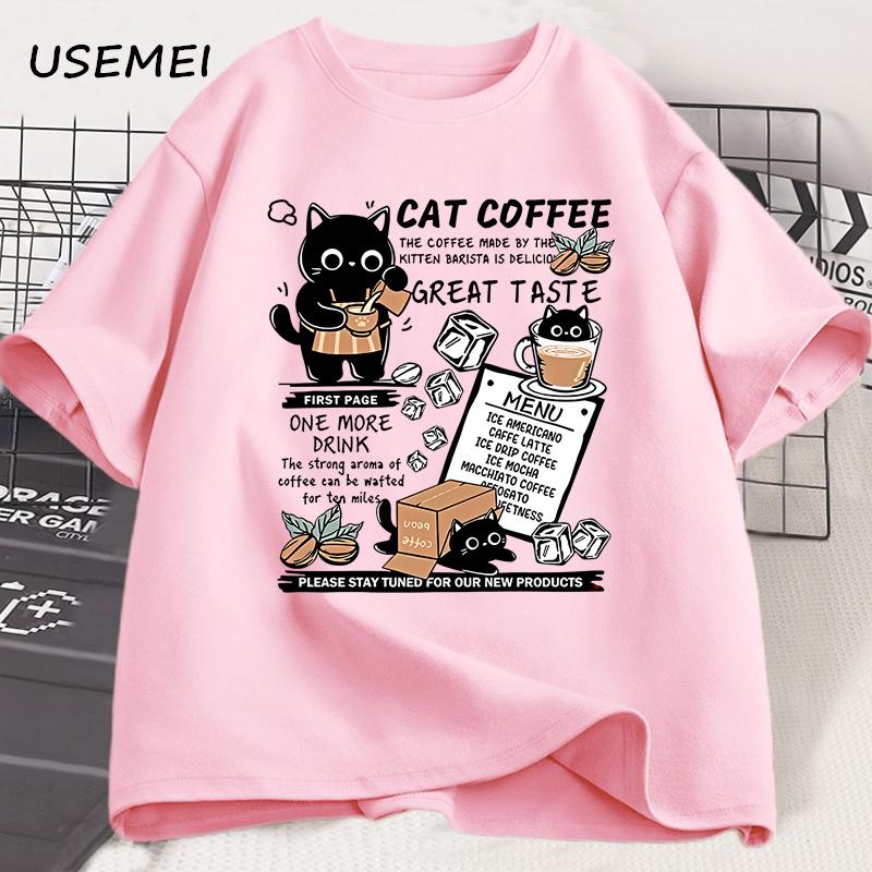 Funny Cat Make Coffe Print T Shirt For Unisex Unisex Tshirt Summer Loose Cotton Short Sleeve Trendy Y2k Tops Unisexs Designer Clothes