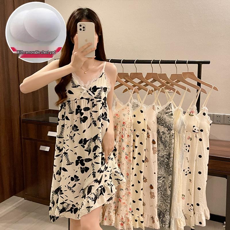 Summer V-Neck Nightdress with Chest Pads - Sexy Bubble Cotton Spaghetti Strap Style: Loose Fit Homewear for Women