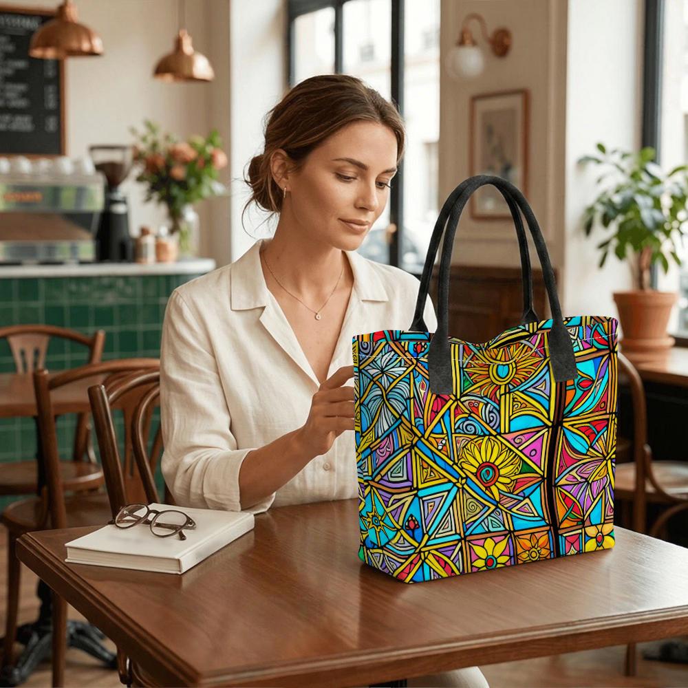 Stained Glass Style Print Large Tote Bag Casual Versatile Daily Shoulder Bag for Women