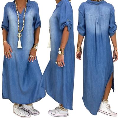 Ashley Woman Women Vintage Summer V Neck Half Sleeve Side Slitting Hem Loose Long Denim Dress