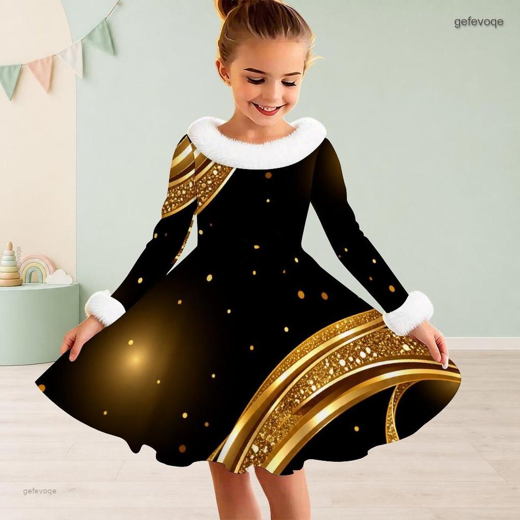 Girls Long Sleeve White Fuzzy Trim Black Gold Green Printed A Line Flared Dress