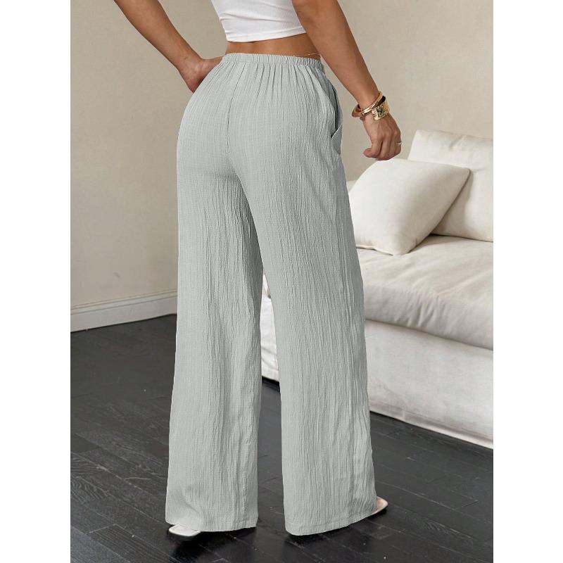 Women's Summer Casual Solid Color Textured Fabric Wide Leg Pants, Knot Waist Oblique Pocket Trousers