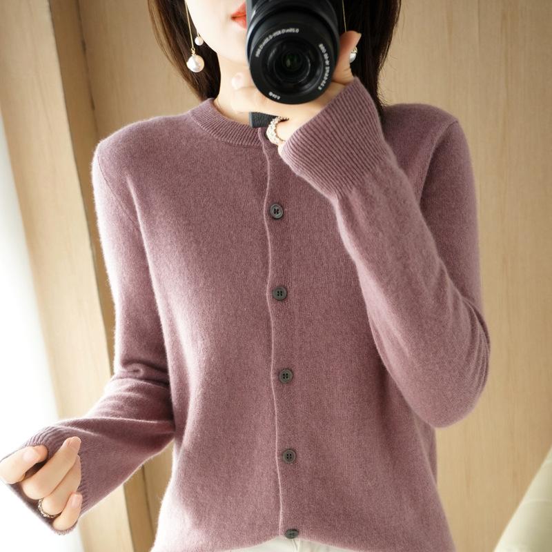 Damen Cardigan mit langen Ärmeln Rundhalsausschnitt Eleganter Strick Cardigan Pullover Einfarbige Einreiher Frühling Herbst Oberbekleidung