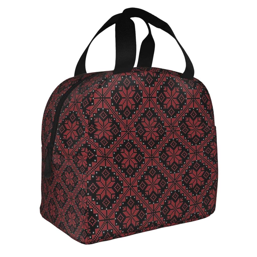 Palestinian Pattern Cross Print Lunch Tote Bag Insulated Leakproof Lunch Box Container with Front Pocket for Girls Boys