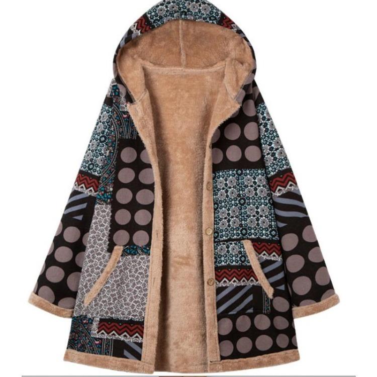 Retro Winter Fleece Hooded Jacket for Women Warm Long Loose Coat Plus Size Printed Outwear with Pockets