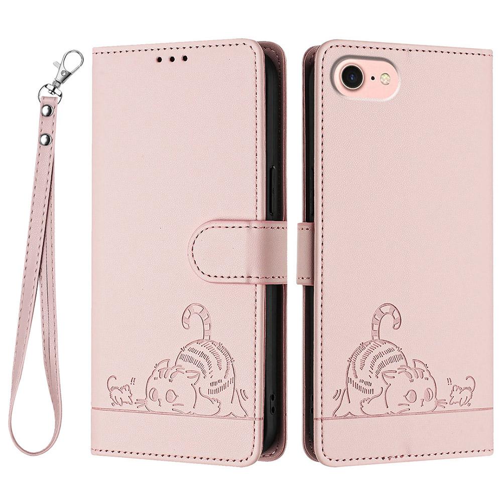 For iPhone SE (2020)/(2022)/7/8 Case with Strap RFID Blocking Leather Wallet Phone Cover Cat Mouse Pattern