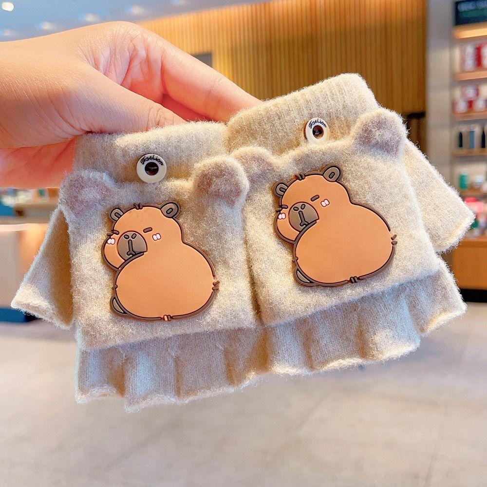 New 6-10 Years Old Half Finger Gloves Thickened Cute Capybara Winter Flip Gloves Elastic Warm Writing Gloves Outdoor