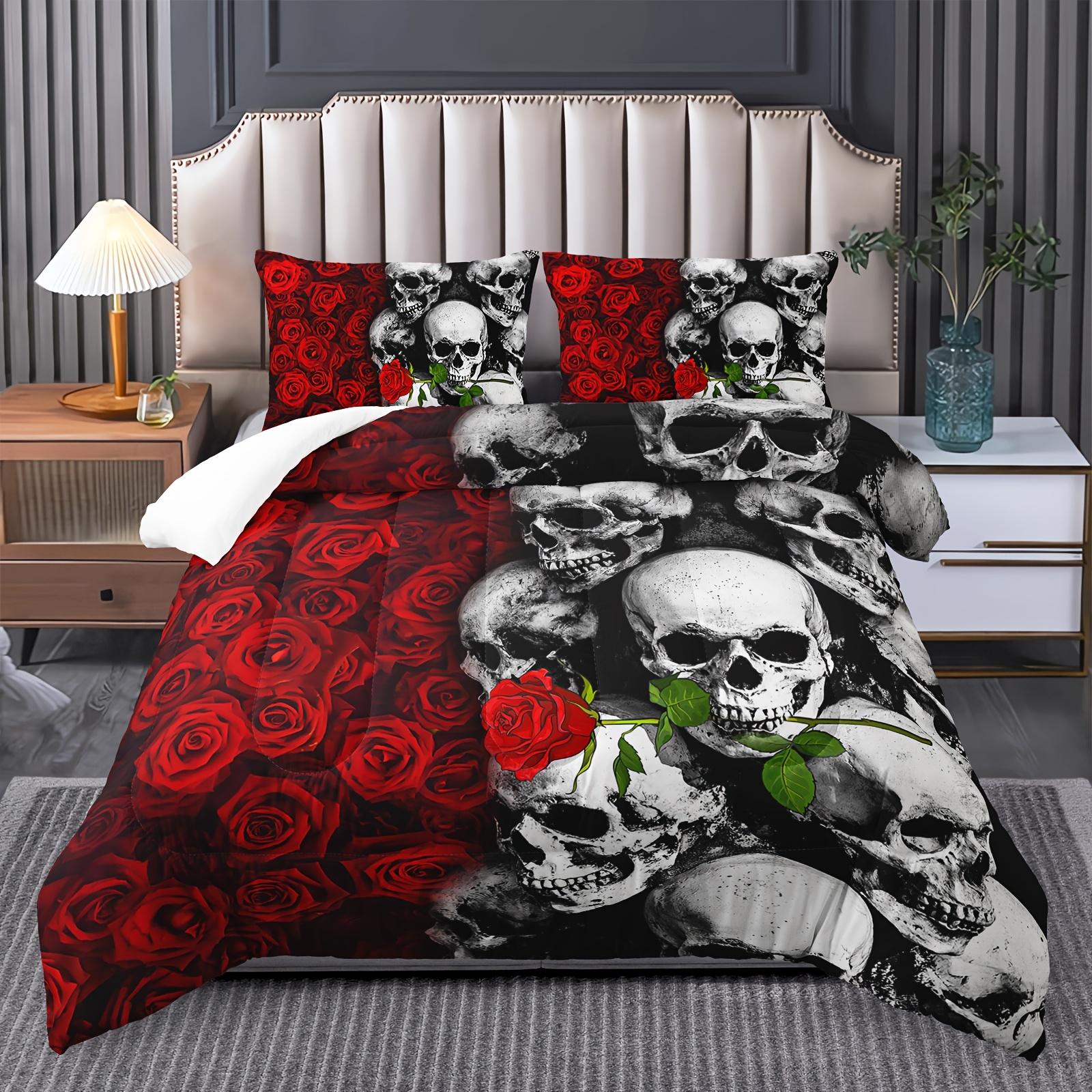 

Comforter 3Pcs Skull Bedding Set Goth Bedding Sets Comforter Skull Comforter Set Rose Comforter Halloween Skull Bed Comforter Comforter (quilt)-EU Single(135*200cm)3pcs