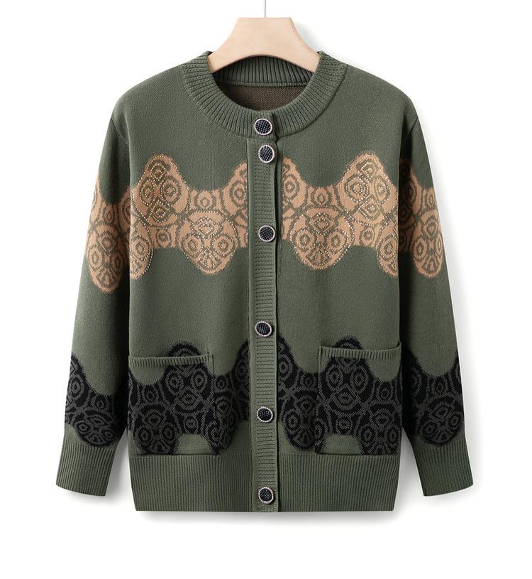 Grandma Wear Autumn Sweater Jacket Middle-aged and Elderly Round Neck Cardigan Top for Women 50 Years Old 60 Mother Fashionable Knitted Sweater