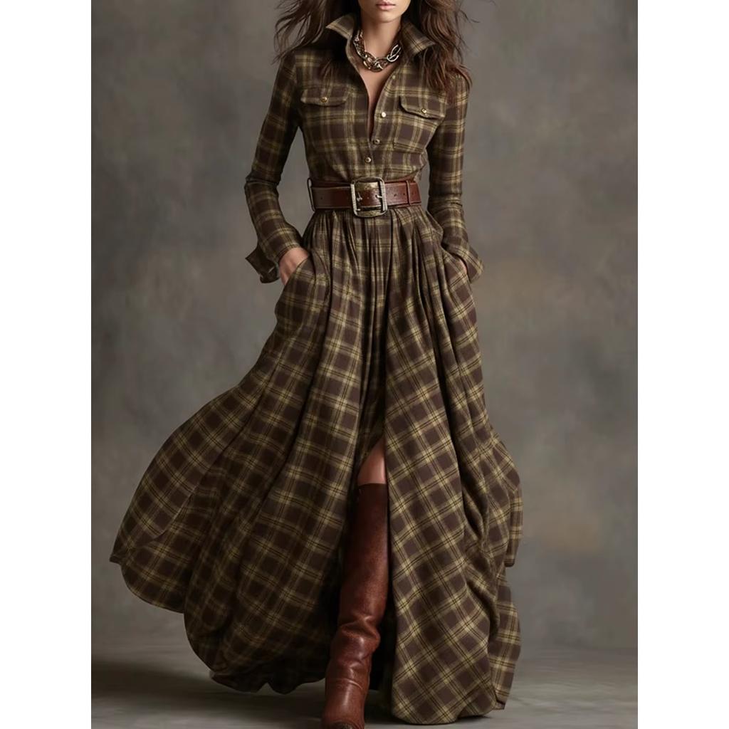 LYRIA French Women's Plaid Dress Shirt Button Cardigan Lapel Fashion Belt Pocket Irregular Design A-line Long Skirt for Female