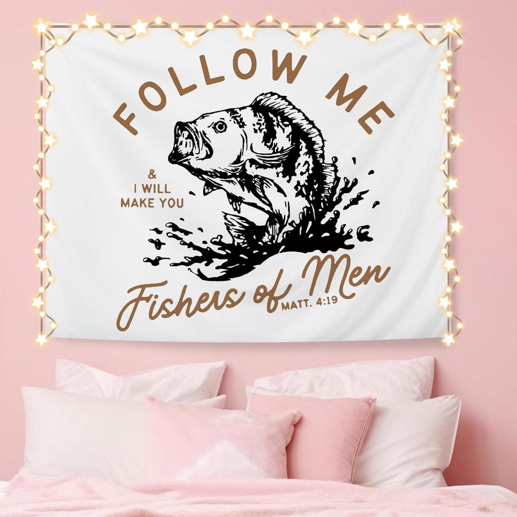 NATSUNO Vintage Christian Tapestry, Retro Bible Verse Fish Wall Tapestry for Home, Religious Scripture Fishers of Men Tapestries Wall Hanging for