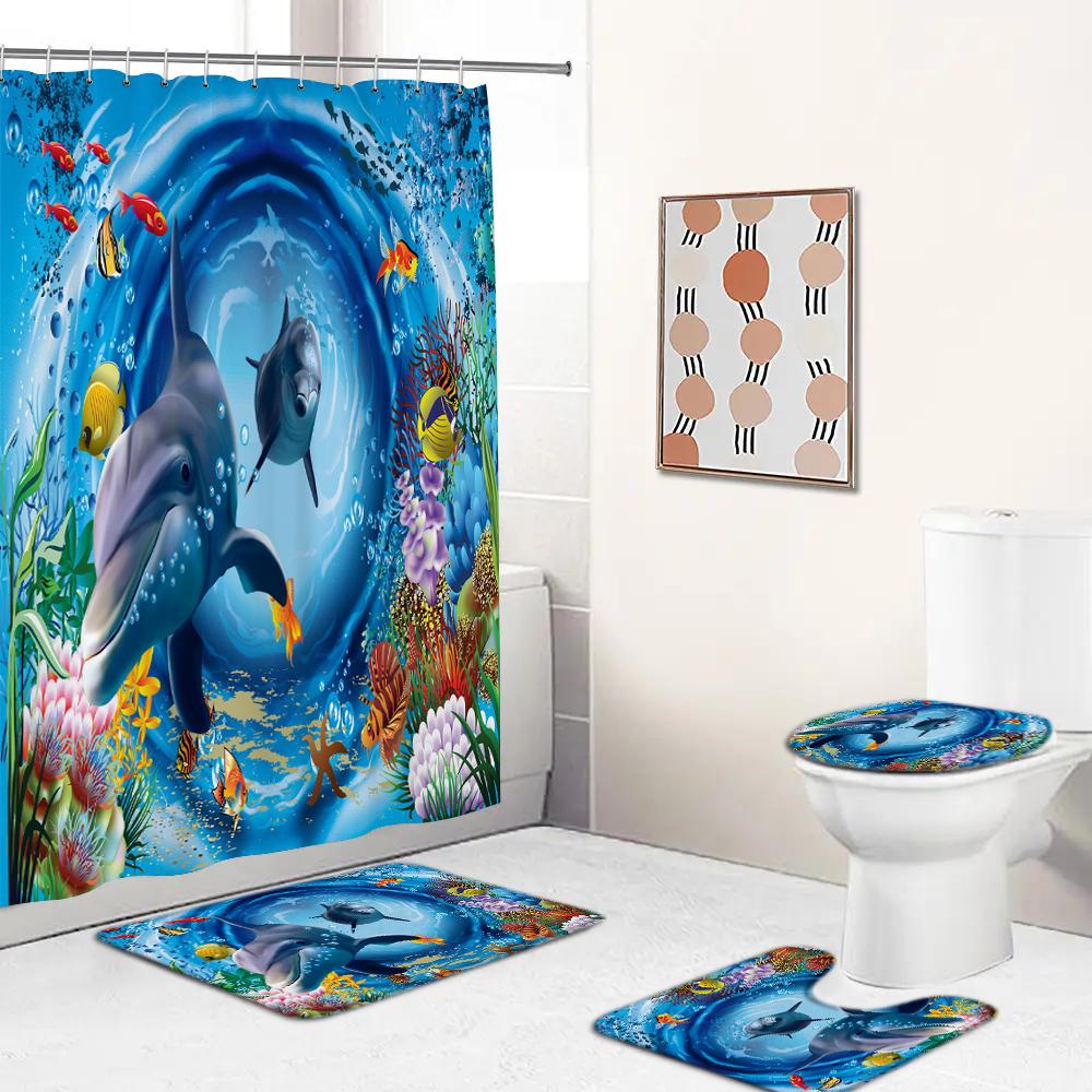 Ocean Creature Fish Dolphin Printed Shower Curtain Set With Rugs Waterproof Bathroom Curtain Anti-Slip Toilet Carpet Home Decor