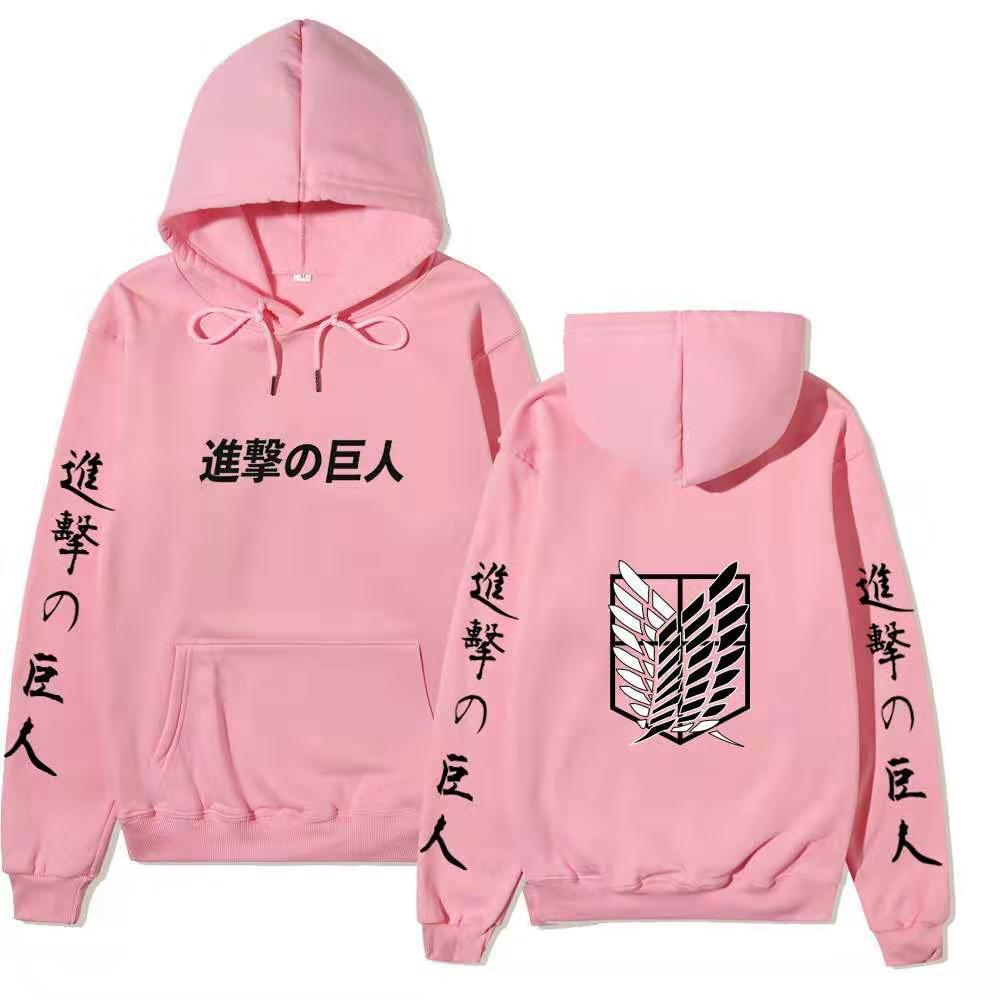 Attack on Titan Unisex Fleece Hoodie Front Japanese Text, Back Wings of Freedom Logo Autumn Winter Casual Pullover