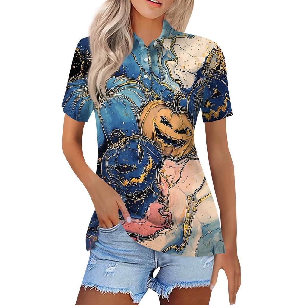 Women's Fashion Casual Lapel Short Sleeve Printed Shirt Women's Button Up Tops