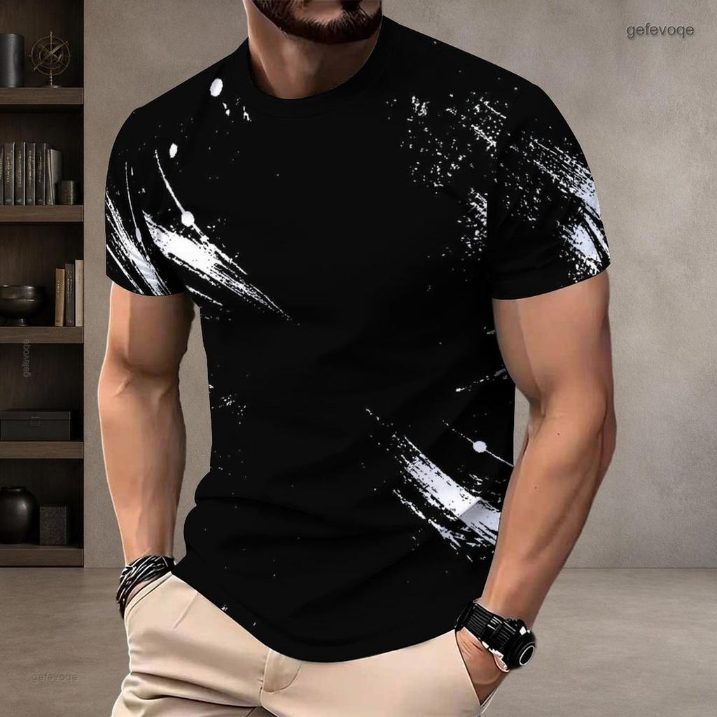 Men Plus Size Round Neck Short Sleeve T Shirt Black White Printed Pullover Straight Hem