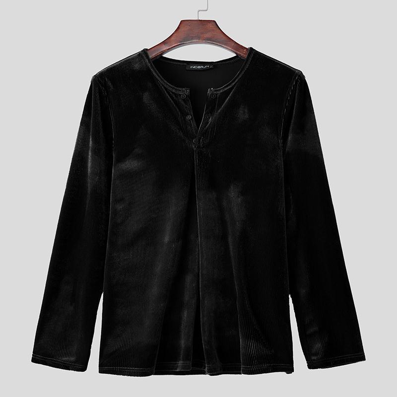 

INCERUN Autumn Men Long Sleeve Texture Fitted Pullover Tops Undershirts S чёрный