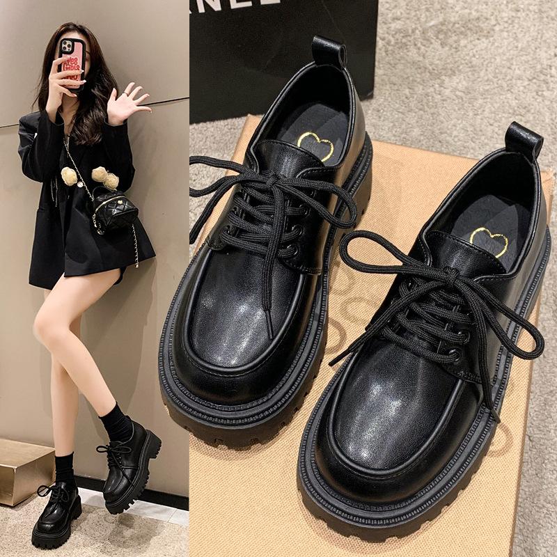British style small leather shoes women's 2025 new autumn shoes platform-soled lace-up round head single shoes spring and autumn retro loafers