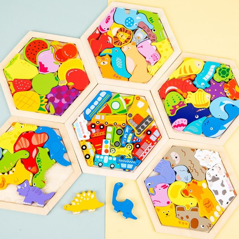Wooden 3D Puzzle Blocks Montessori Educational Toy Animals Vehicles Fruits Themed Cognitive Development Toddler Brain Game Safe Kids Learning Toy