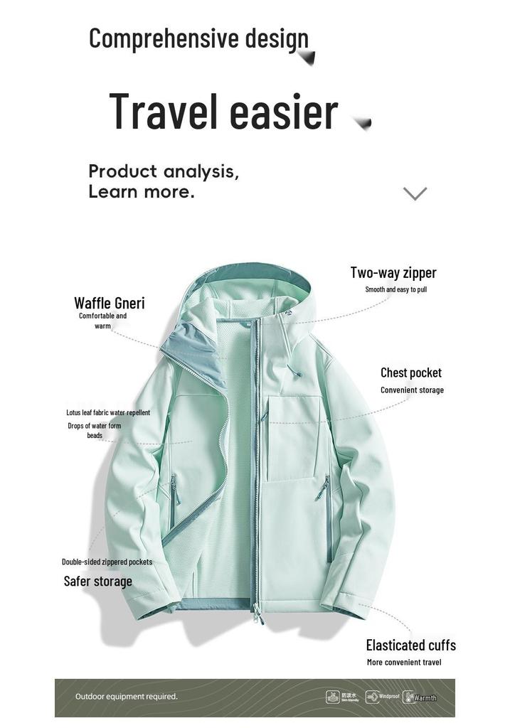 Couple's Soft Shell Ski Jacket with Hood - Warm, Windproof, Waterproof, Plus Velvet, Trendy Mountaineering Outerwear