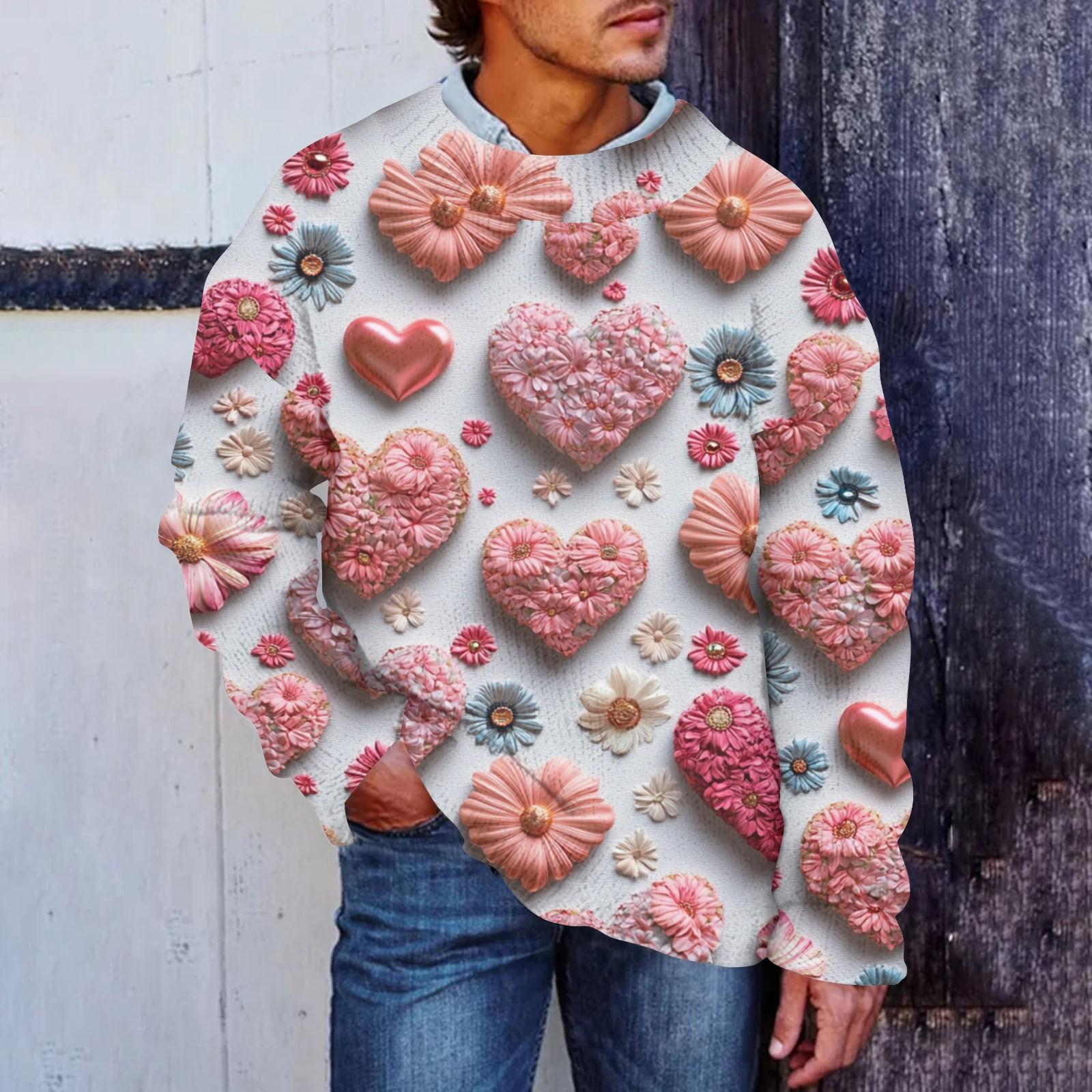 

Мужская мода Повседневная кофта с длинными рукавами на День святого Валентина Нежный принтованный свитер с круглым вырезом из шерсти и имитацией цветка Толстовка с капюшоном с круглым вырезом Свободные длинные рукава XXL