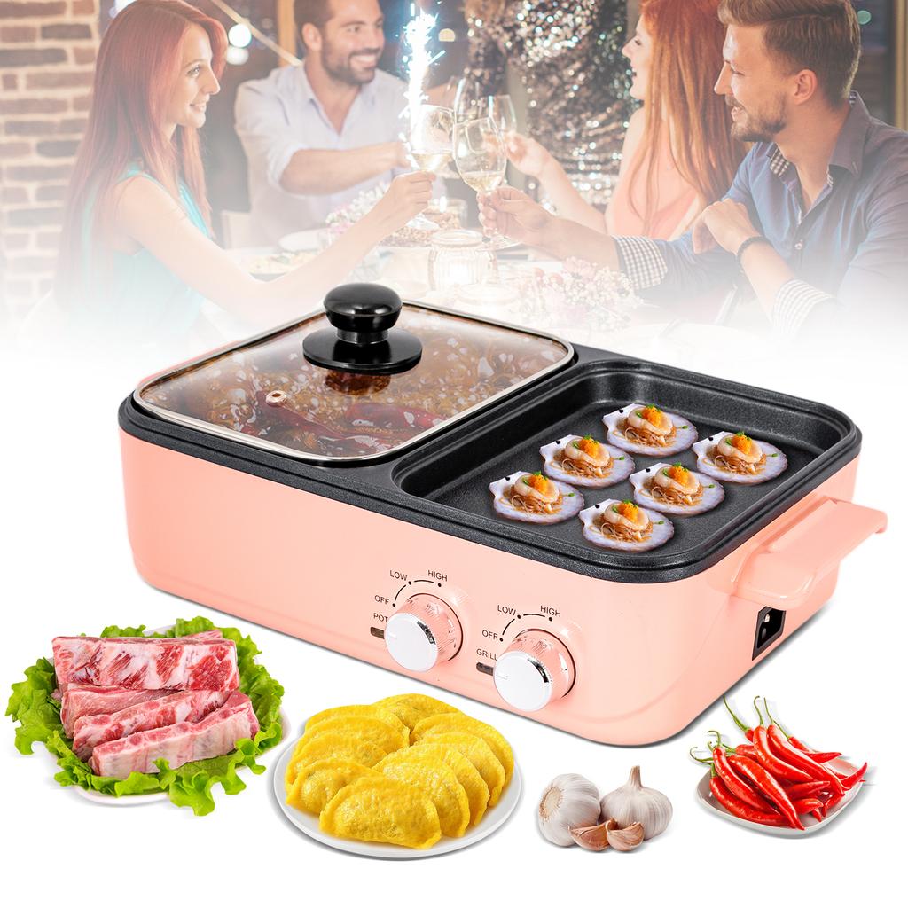 Electric Hot Pot with Grill, 2 In 1 Nonstick Griddle&Hot Pot for Steak/Shabu Shabu/BBQ, Separate Dual Temperature Control, Pink