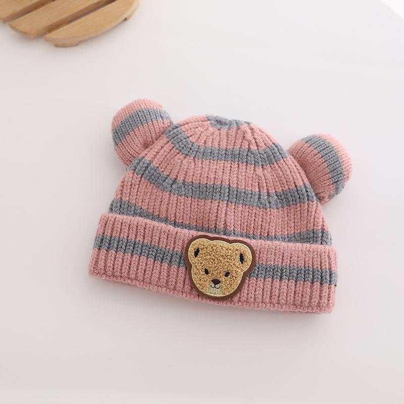 Cartoon Stripe Baby Beanie Cap Cute Bear Ears Infant Knitted Hat Winter Warm Kids Crochet Hats Toddler Girls Boys Bonnet