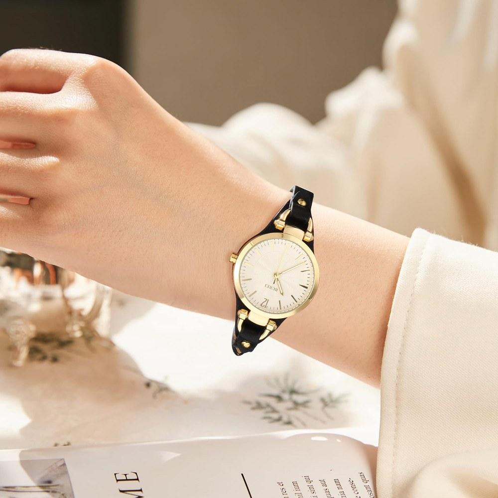 BUREI Ladies' Analog Quartz Waterproof Slim Leather Band Watch Large Dial Simple Stylish Lightweight Women Gift Gold Black Leather