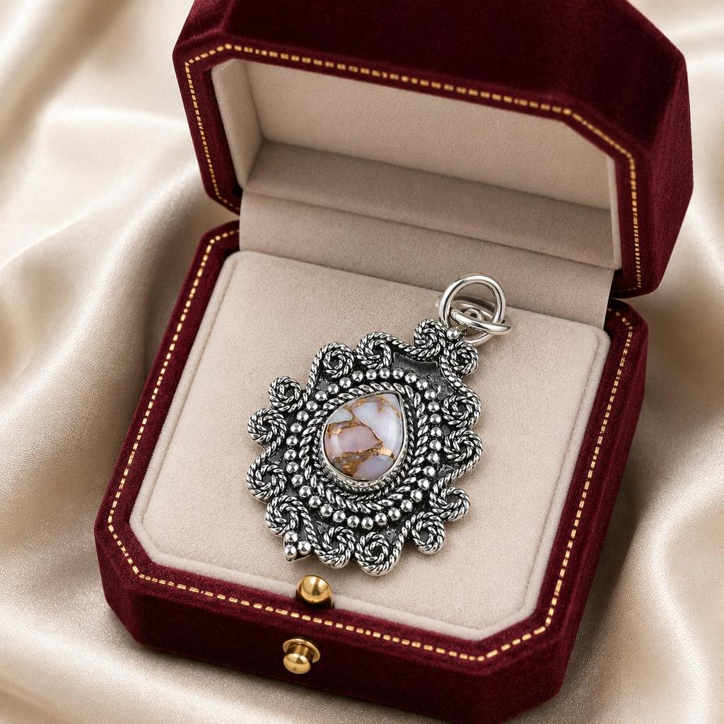 Natural Pink Opal Turquoise Gemstone 925 Sterling Silver Handmade Vintage Designer Pendant 1.55" For Wife PP-25-36