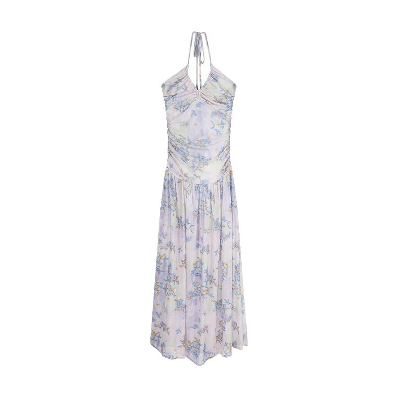 Pleated floral Spice Girl backless neck dress women s summer vacation mesh dress slimming waist a word skirt S