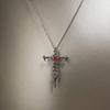 Punk Retro Inlay Red Rhinestone Sliver Color Stainless Steel Thorn Cross Sword Pendant Necklace for Women Fashion Jewelry Gift