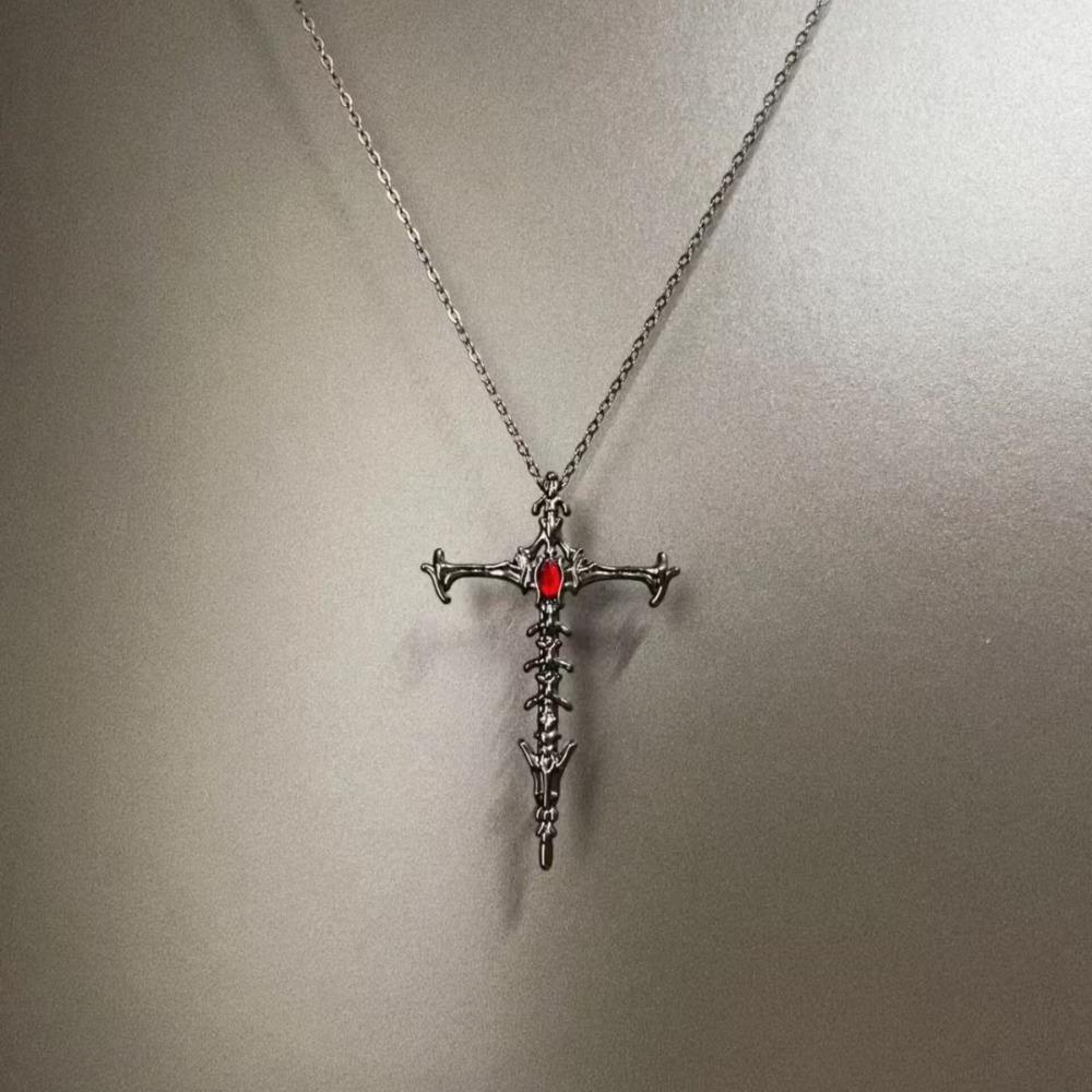 Punk Retro Inlay Red Rhinestone Sliver Color Stainless Steel Thorn Cross Sword Pendant Necklace for Women Fashion Jewelry Gift