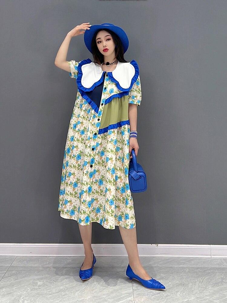 Xitao Francouzské šaty s květinovým potiskem Módní nepravidelné Kontrastní barvy Patchwork s jedlými houbami Stromové ucho Peter Pan límec Dámské ZY7161