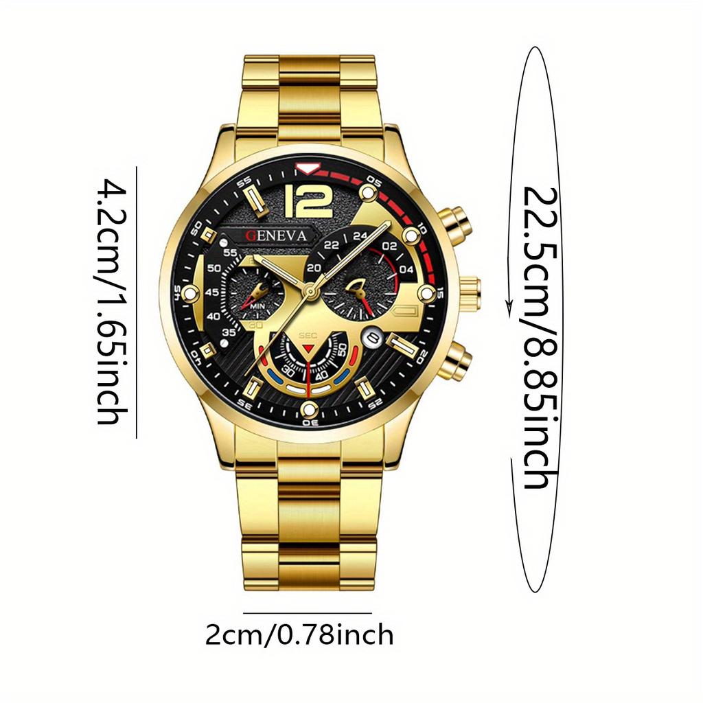 Men's Fashion Watch  Set, Casual Quartz Watch with Calendar, Cross Pendant Necklace, Ring and Bracelet - Perfect Gift for Him