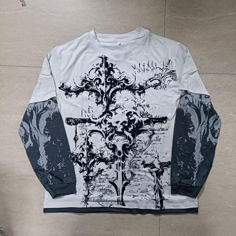 Streetwear Skull Graffiti Print Oversized Long Sleeve Tee Loose Fit Cotton Top Men Women