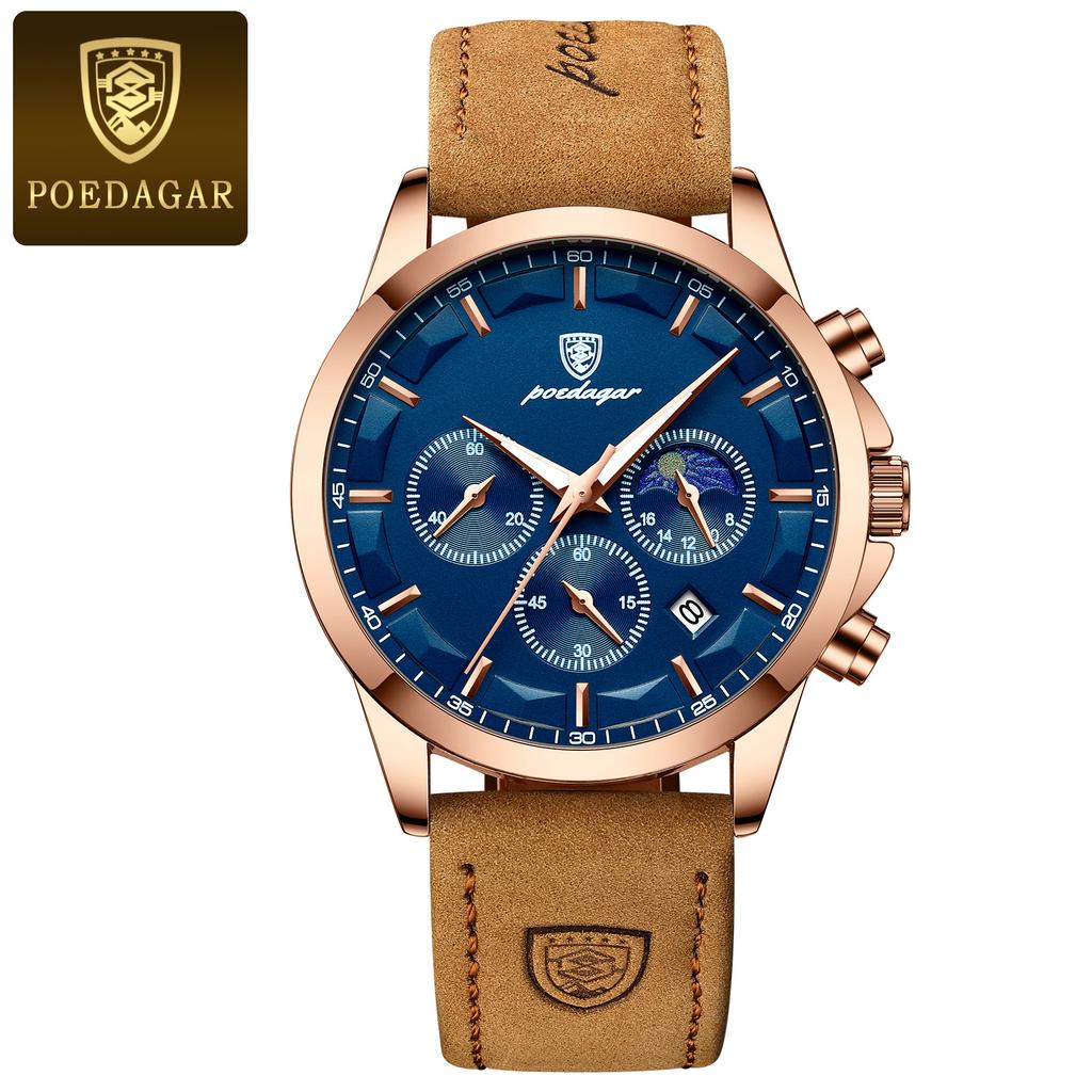 POEDAGAR Luxury Man Wristwatch Sports Leather Quartz Watch Waterproof Luminous Calendar Chronograph Watches Male Clock