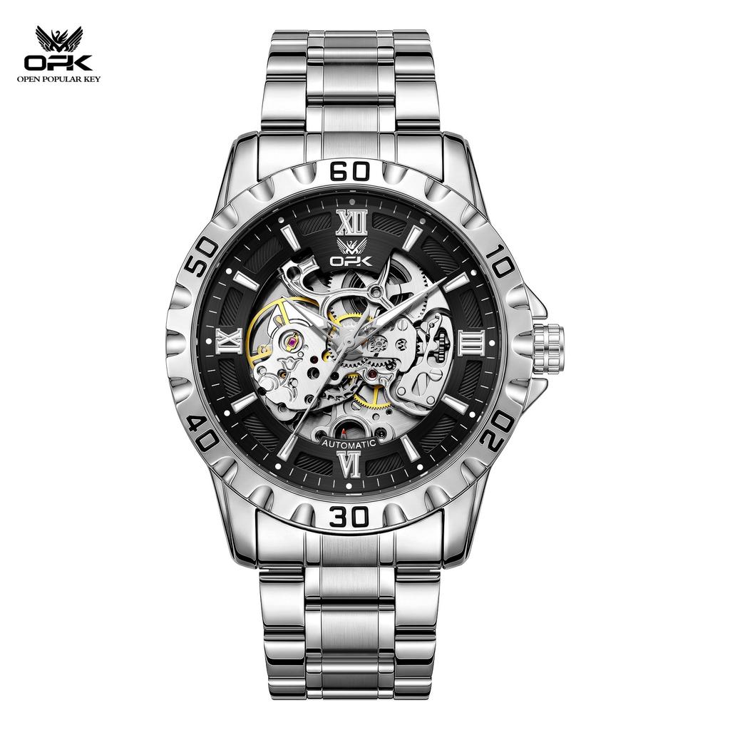 Men's Automatic Mechanical Watch, 44mm Skeleton Hollow Dial Luminous Hands 30M Waterproof Stainless Steel Business Wrist Watch