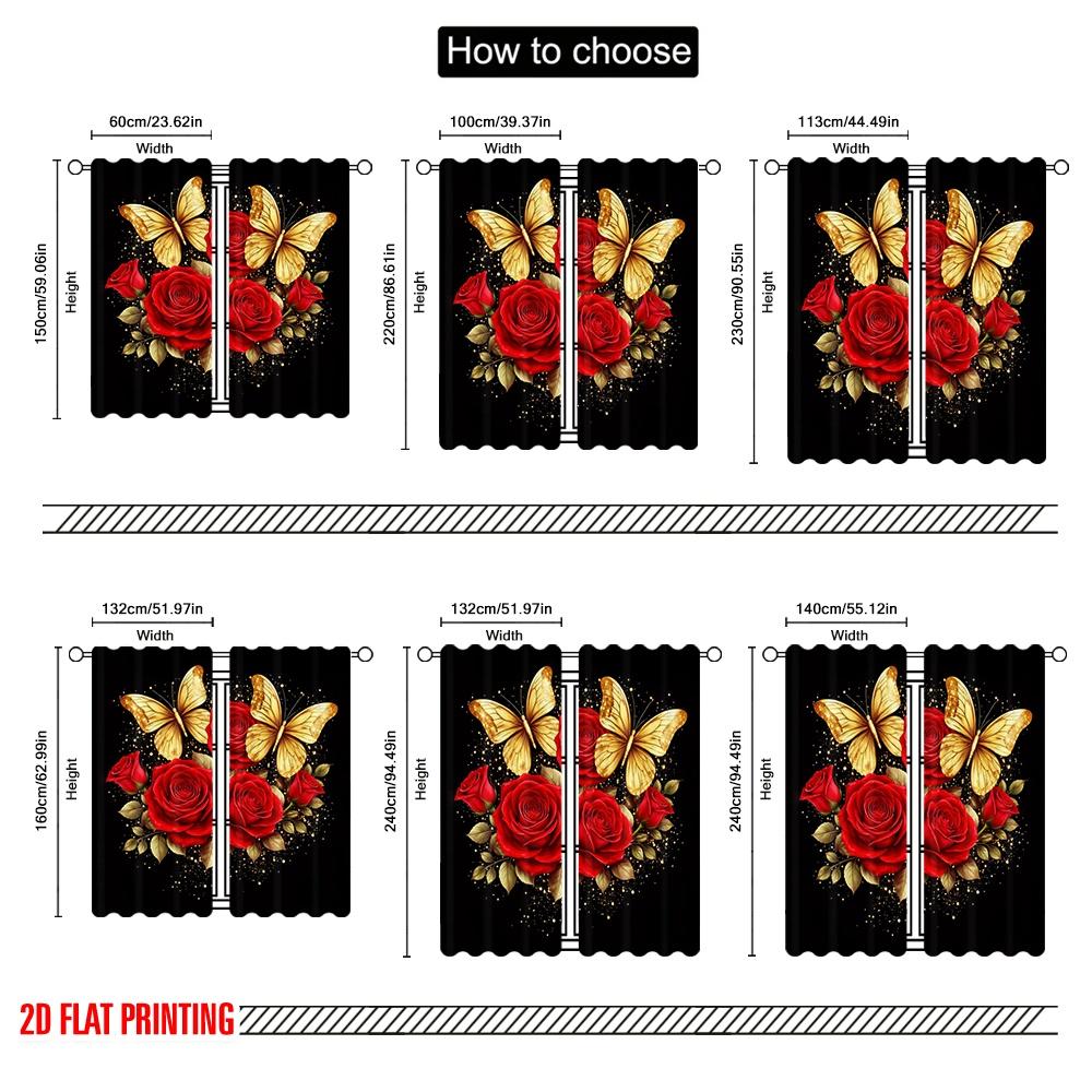 2D flat printing 2pcs Curtain Window Drapes Valentine's Roses and Butterflies Digital Printed Polyester Drapes Family Party