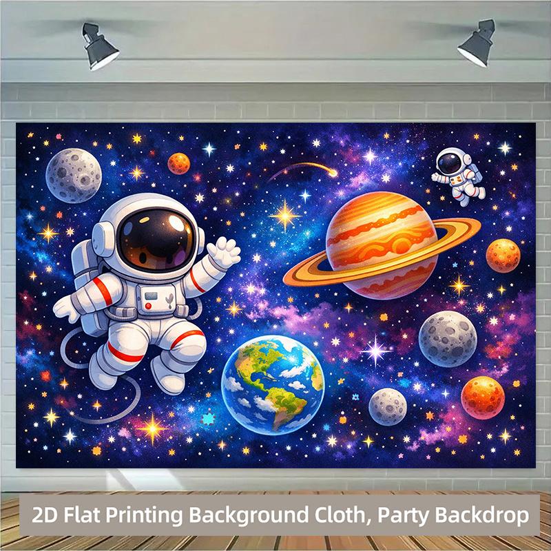 1 Stück 2D-Hintergrundstoff Astronaut streift umher und erkundet im Weltraum auf Polyester-Hintergrundstoff Party-Banner