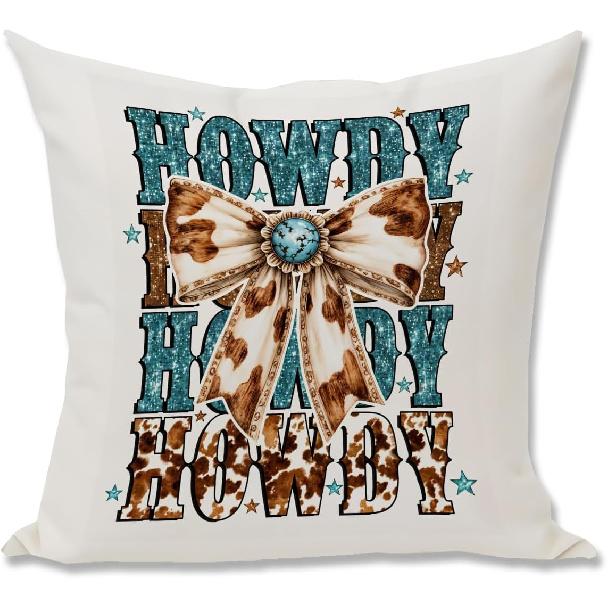 Western Style Howdy Pillow Cover, Leopard Turquoise Bow Decor, Teen Girls Gifts, Wild West Cushion Cover for Home Sofa or Farmhouse Decoration, Gift