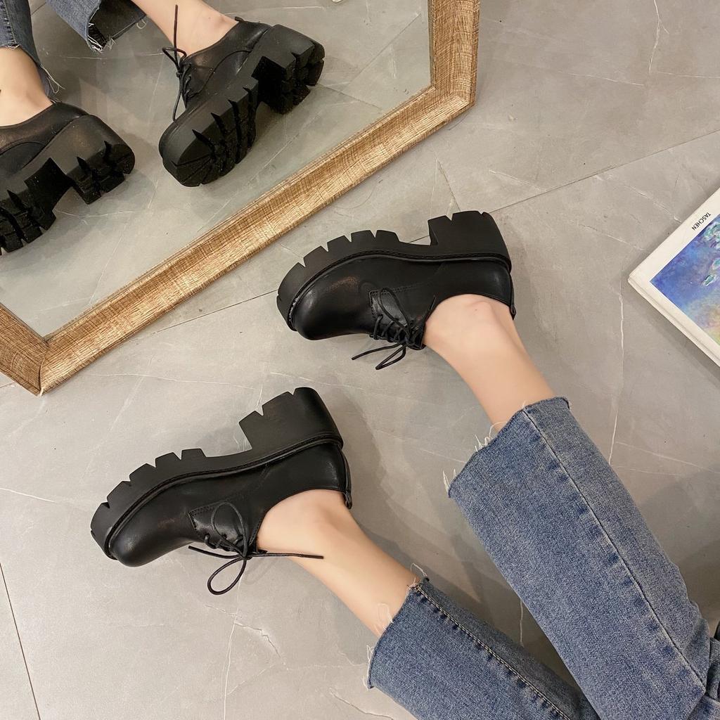 New Autumn Spring Oxford Shoes For Women Solid Leather Casual Shoes Woman Flats Lace Up Thick Bottom High Heels Platform Shoes