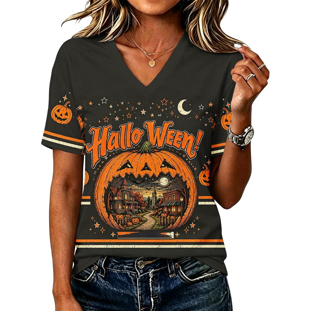 Women's Casual V-Neck Loose Fit Halloween Printed T-Shirt